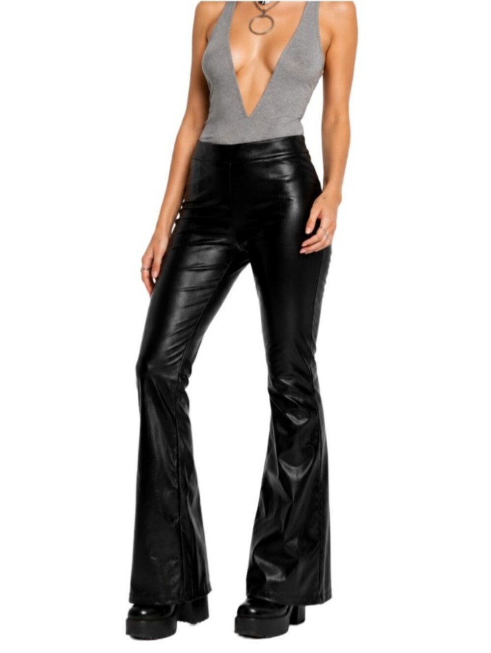 Cavalini Black Faux Leather Flare Pants